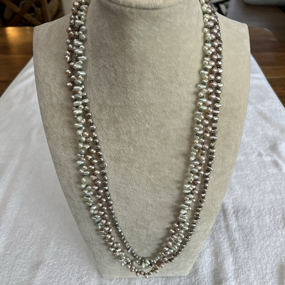Multi Strand Freshwater Rice Pearl Necklace Silver Tone Floral Clasp Statement